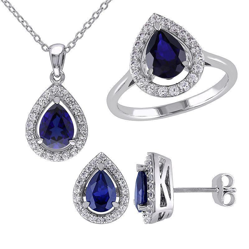 Stella Grace Sterling Silver Lab-Created Blue & White Sapphire Teardrop Pendant, Ring & Earring Set, Womens Product Image