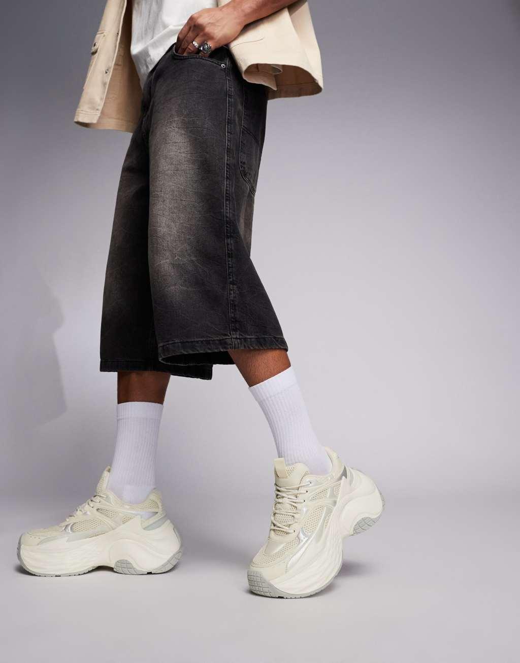 ASOS DESIGN chunky sneakers in white mesh and faux leather paneling Product Image