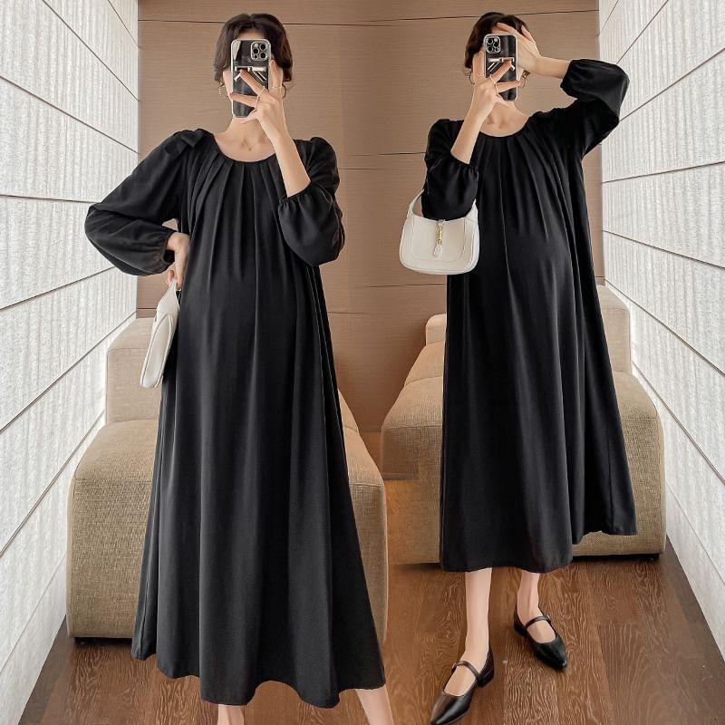 Maternity Long-Sleeve Crew Neck Plain Bow Accent Pleated Midi Tunic Dress Product Image