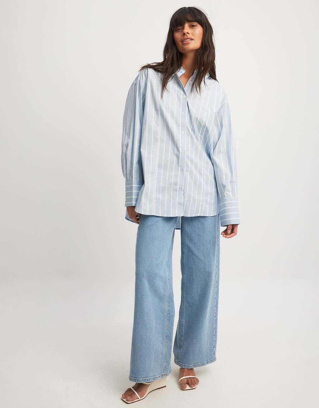 NA-KD x Laura Jane Stone oversized shirt with high cuffs in blue & white stripe Product Image