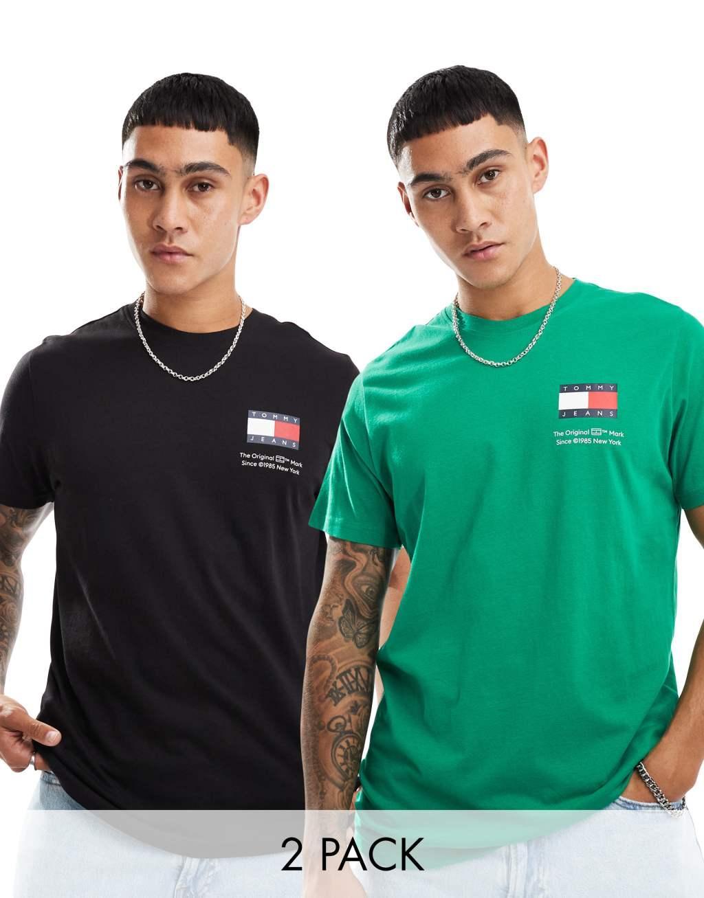 Tommy Jeans 2 pack large flag logo t-shirts in green and black Product Image