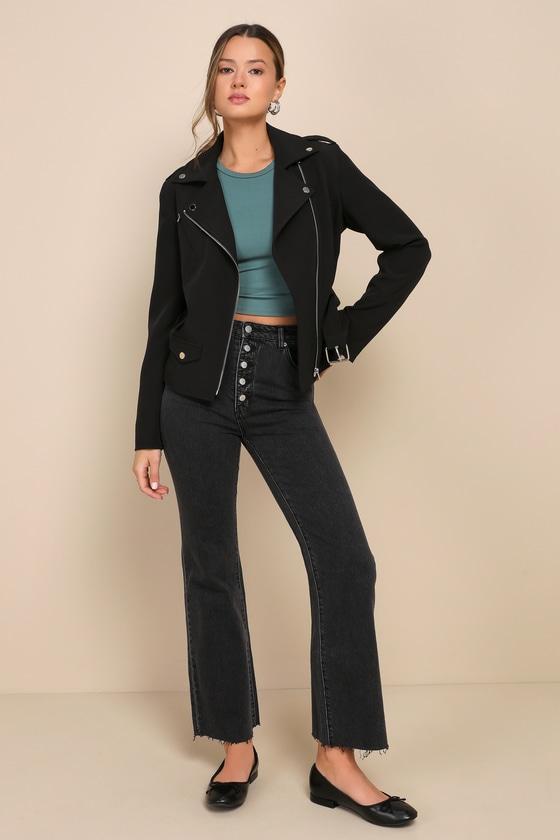 Edgy Arrival Black Belted Moto Jacket Product Image