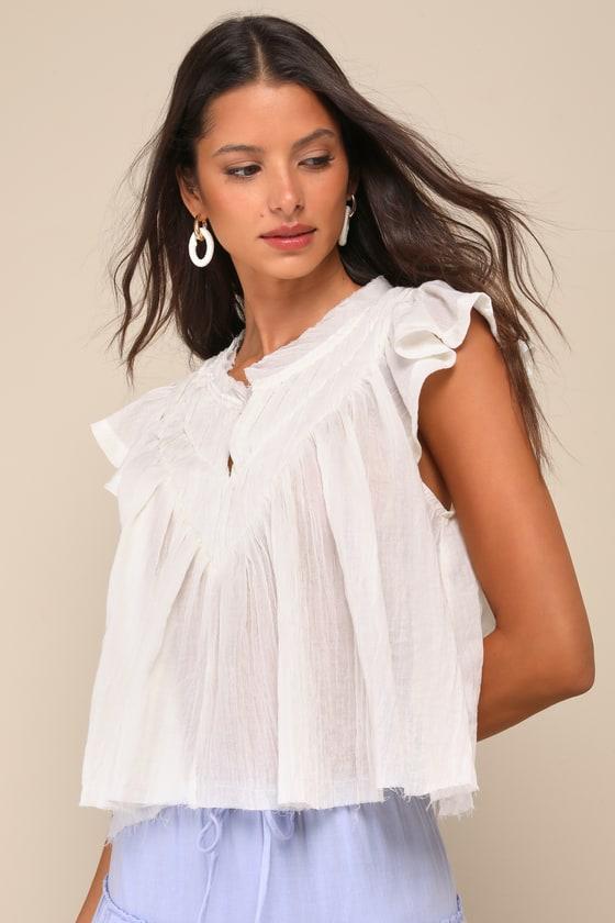 Compelling Babe Ivory Cotton Raw Hem Ruffled Flutter Sleeve Top Product Image