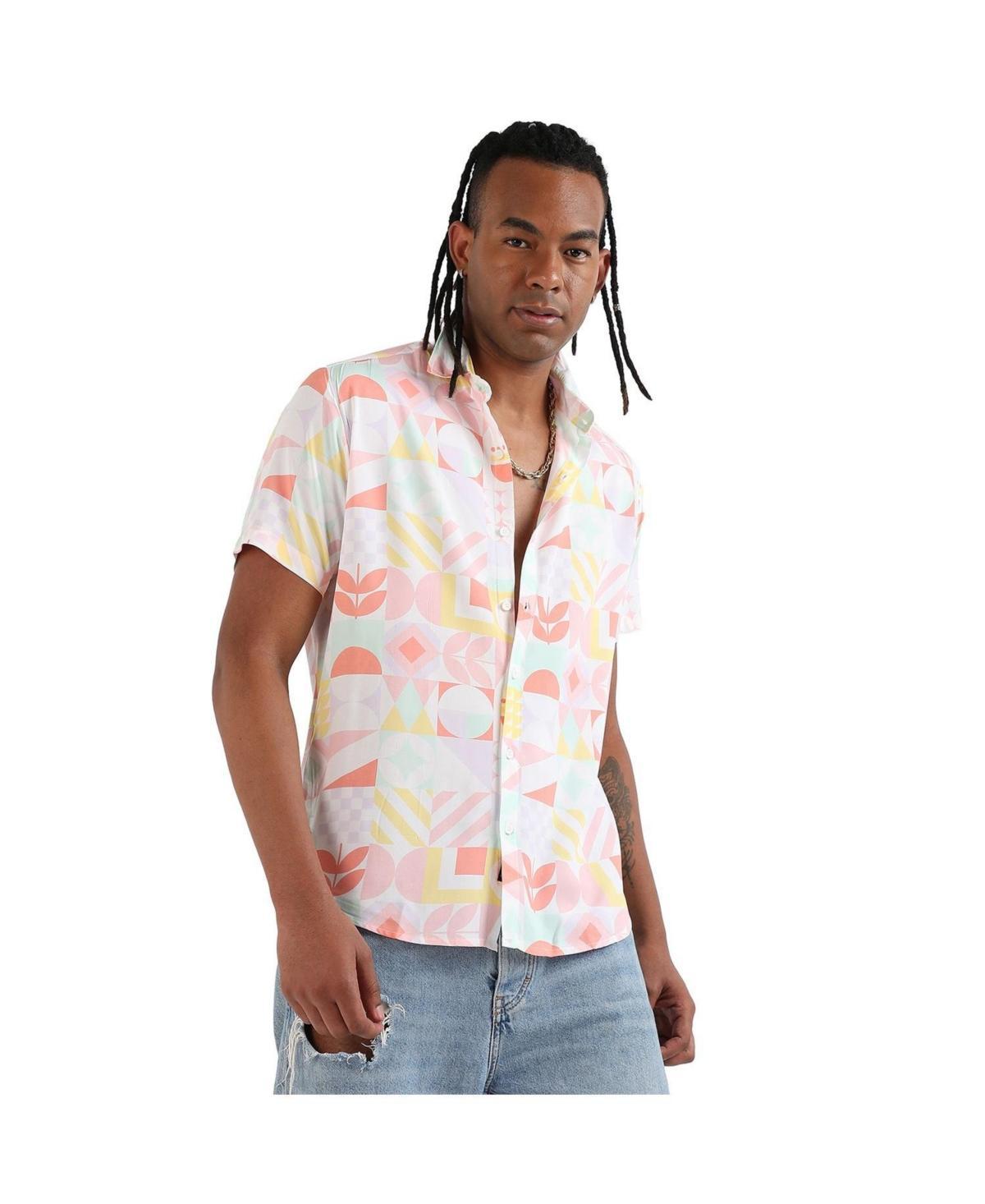 Campus Sutra Mens EcoLiva Peach Pink Geometric Floral Block Shirt Product Image