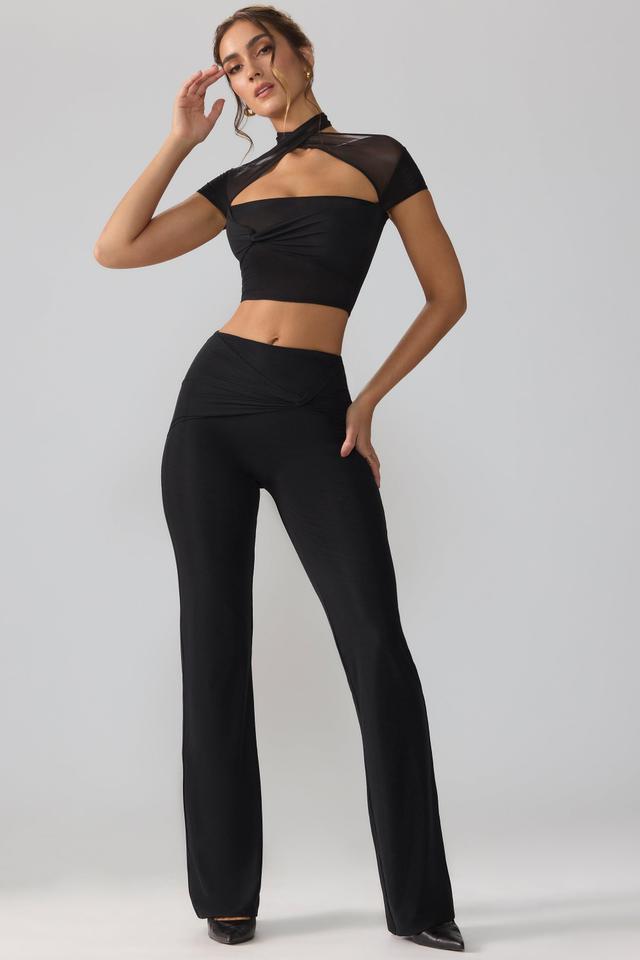 Mesh Mid Rise Twist Overlay Flare Trousers in Black Product Image