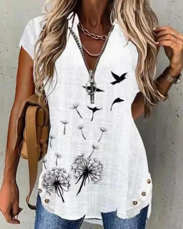 Olivia Mark – Dandelion Bird Print Zipped Casual T-Shirt Product Image