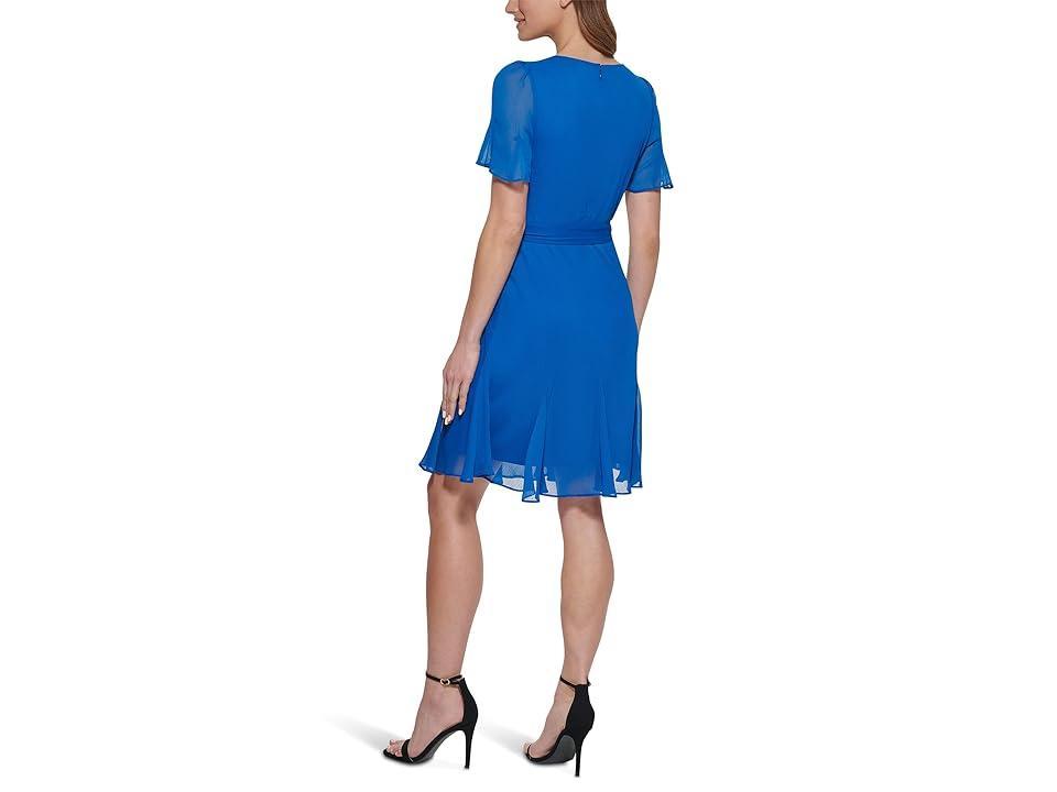 DKNY Godet Short Sleeve and Skirt w/ Tie Waist Dress Lagoon) Women's Clothing Product Image