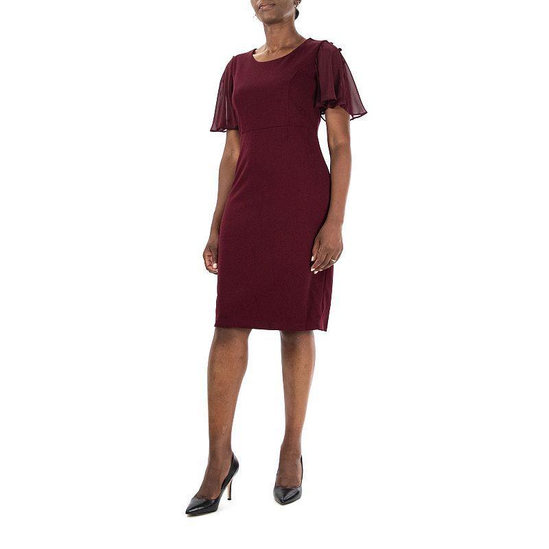 Womens Nina Leonard Jewelneck Flutter Sleeve Sheath Dress Deep Red Product Image