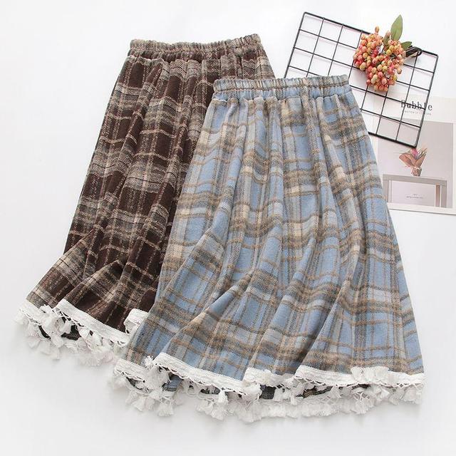 High Waist Plaid Midi A-Line Skirt Product Image