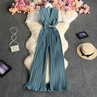 Sleeveless Plain Ribbed Belted Wide Leg Jumpsuit Product Image