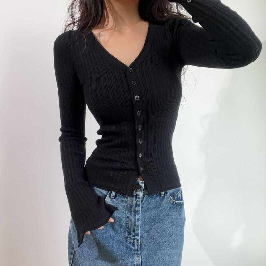 V-Neck Plain Ribbed Cardigan Product Image