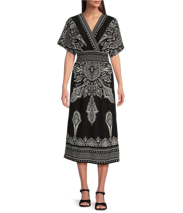 Calessa Henna Border Print Jersey V-Neck Short Sleeve Smocked Waist A-Line Midi Dress Product Image