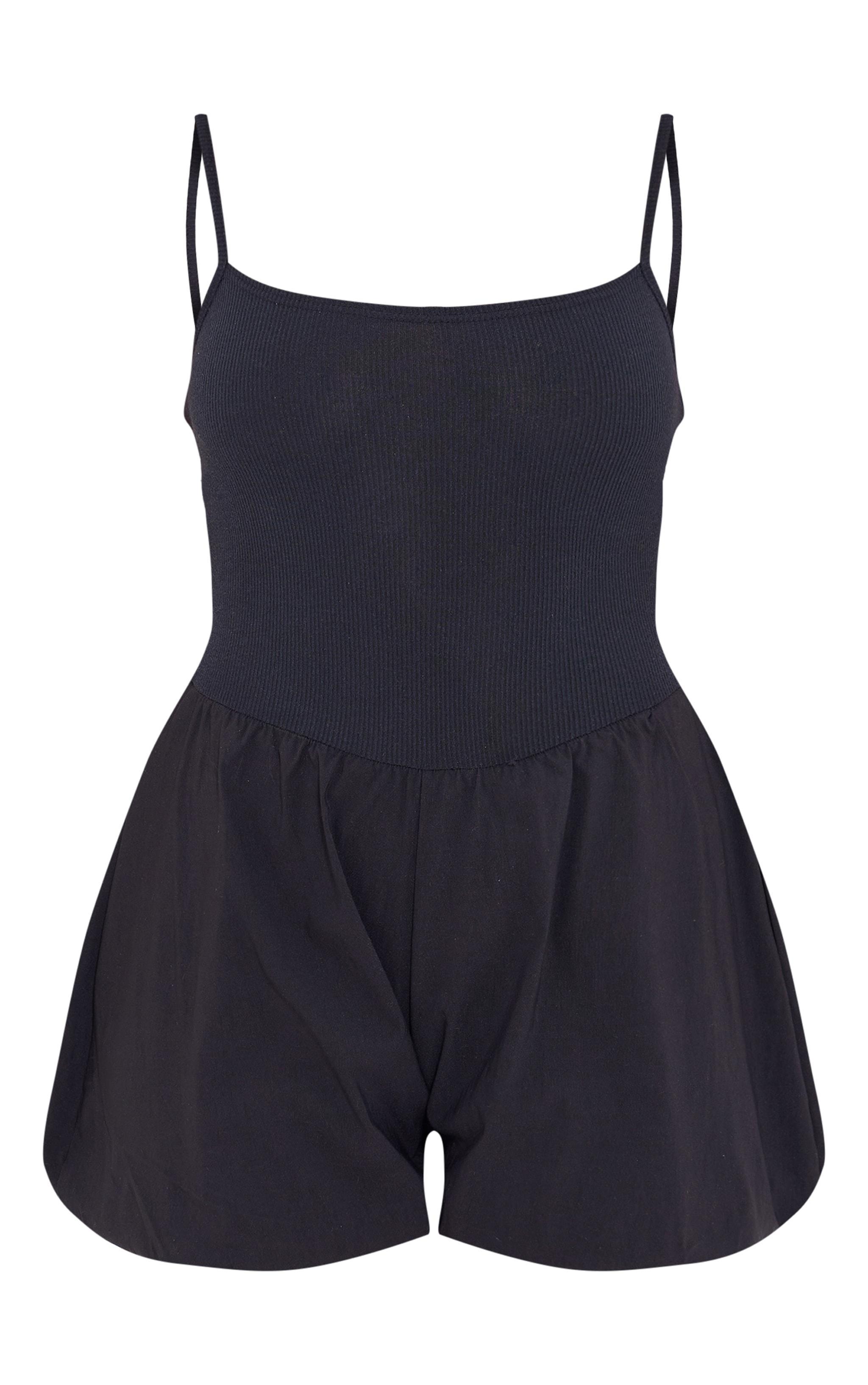 Black Rib Contrast Puff Short Romper Product Image