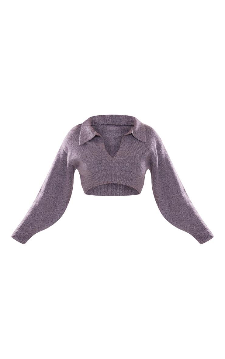 Charcoal Collared Crop Knit Sweater Product Image