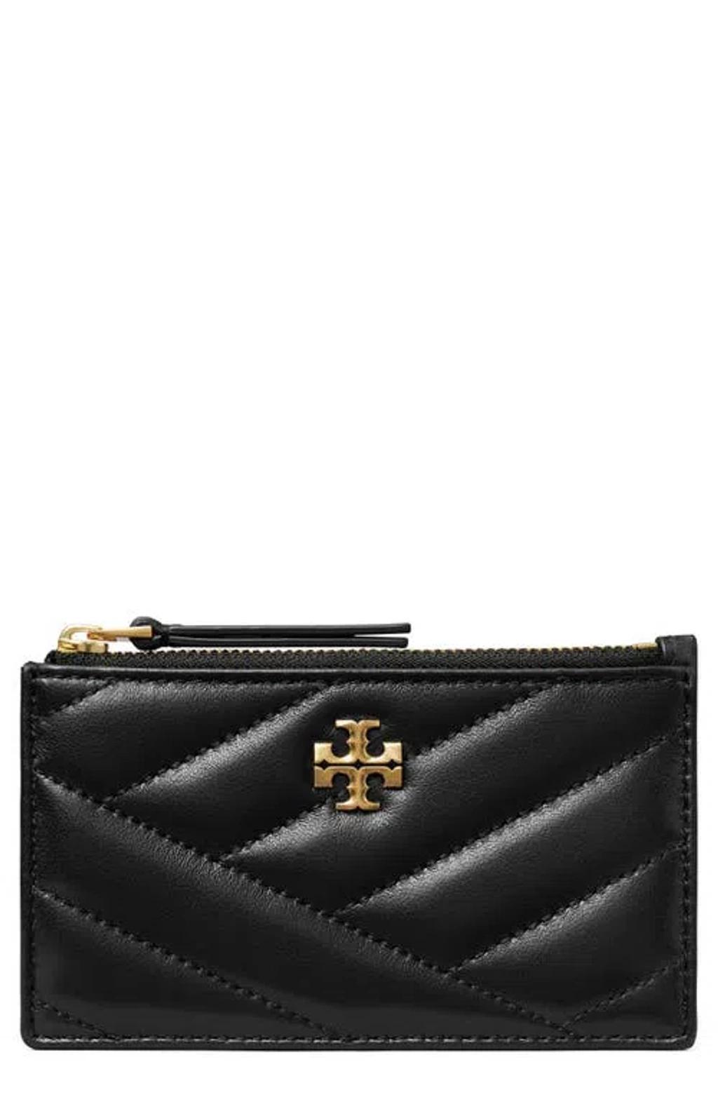 Kira Chevron Quilted Leather Zip Card Case In Black Product Image