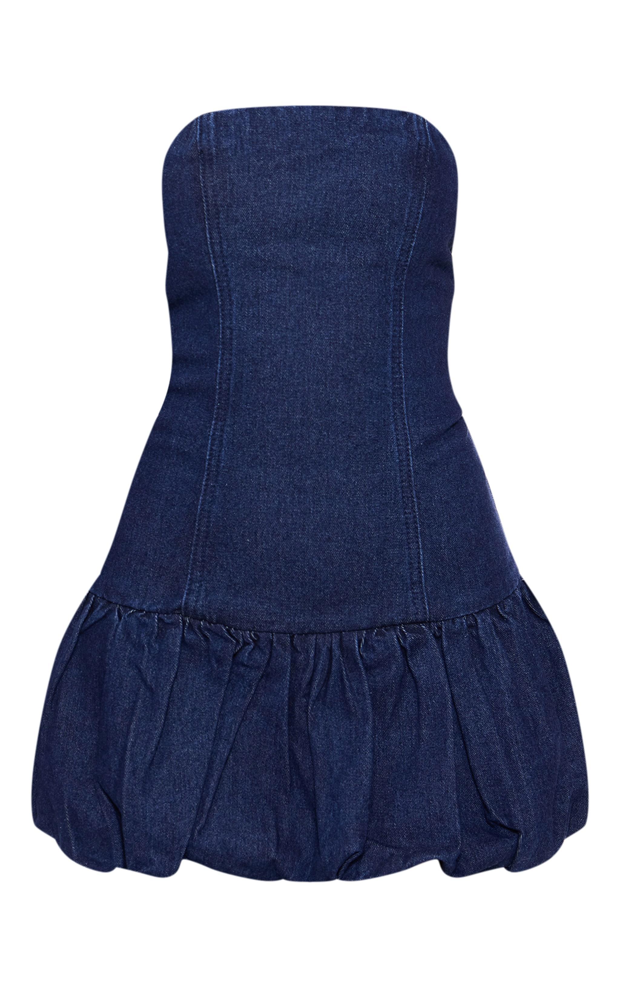 Indigo Denim Bandeau Puffball Mini Dress Product Image