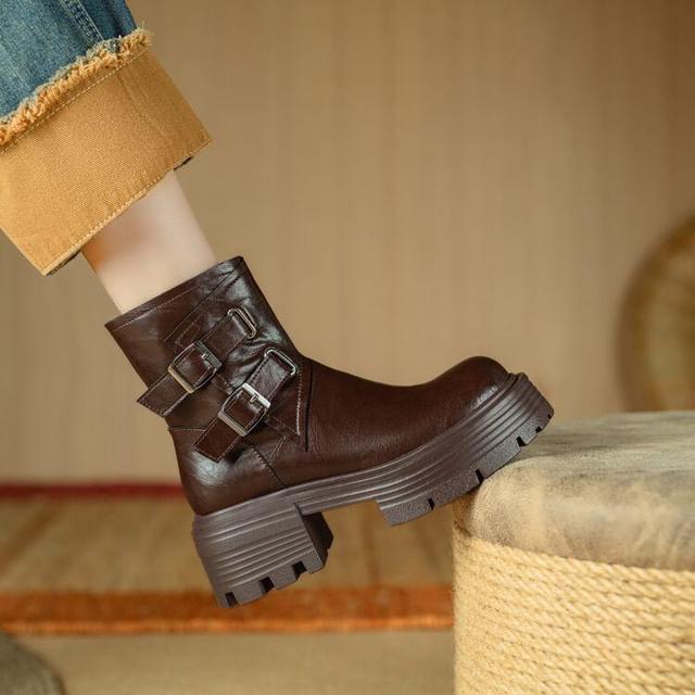 Platform Plain Buckled Zip-Up Genuine Leather Short Boots Product Image