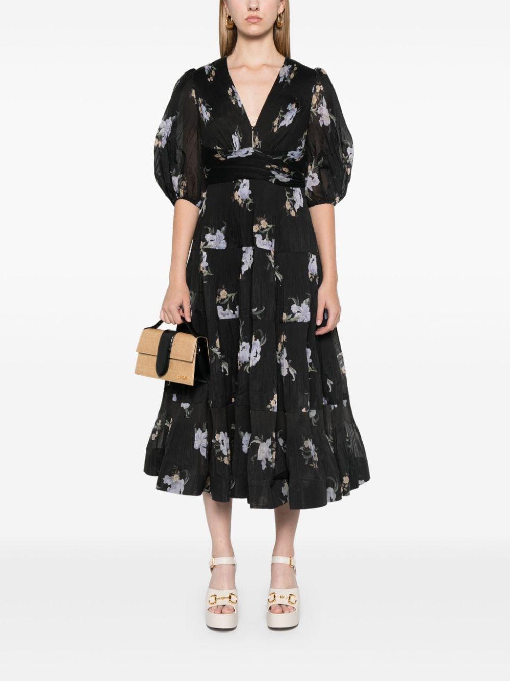 ZIMMERMANN Floral-print Pleated Organza Midi Dress In Black Iris Floral Product Image