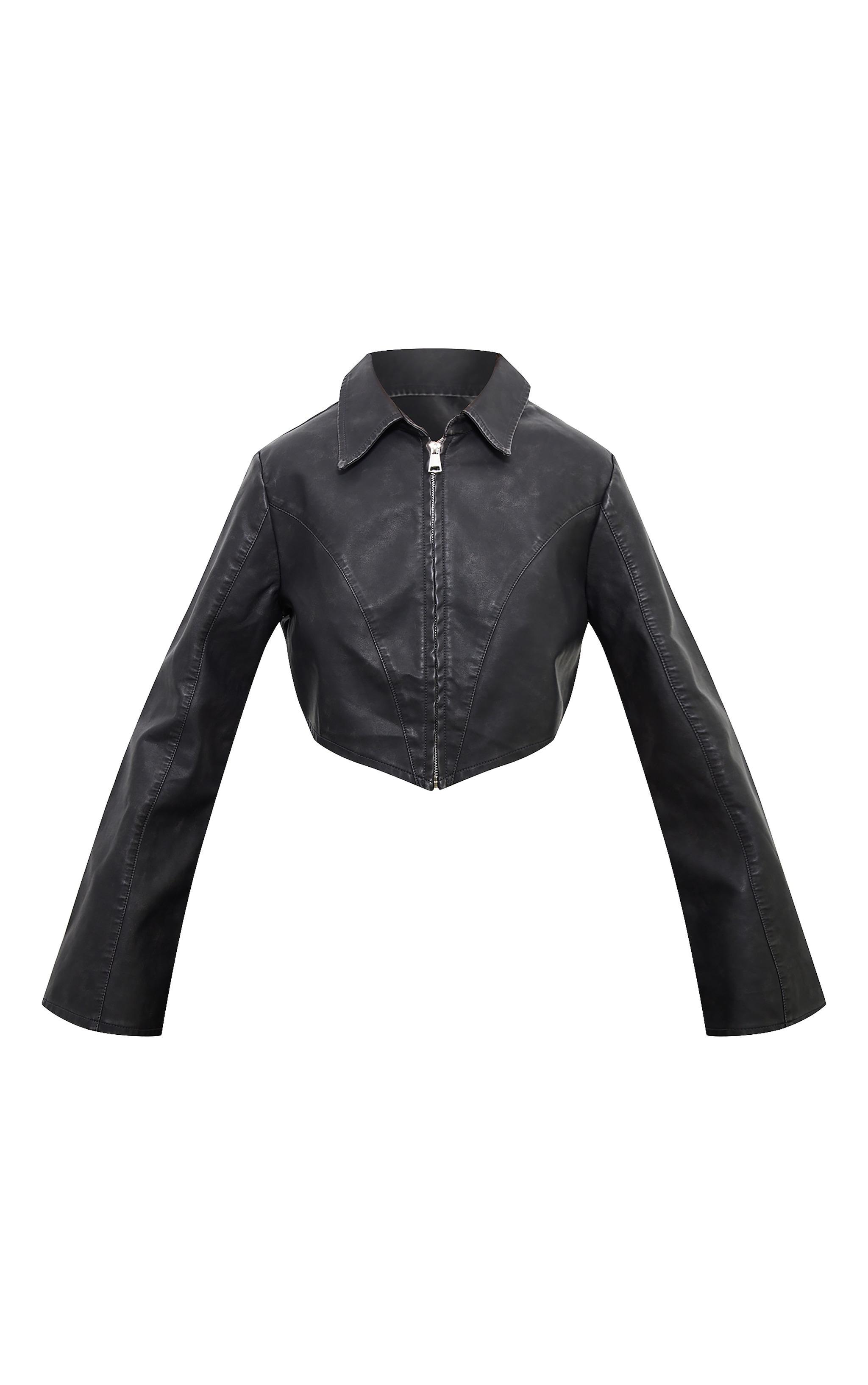 Black Faux Leather Zip Cropped Shirt Product Image