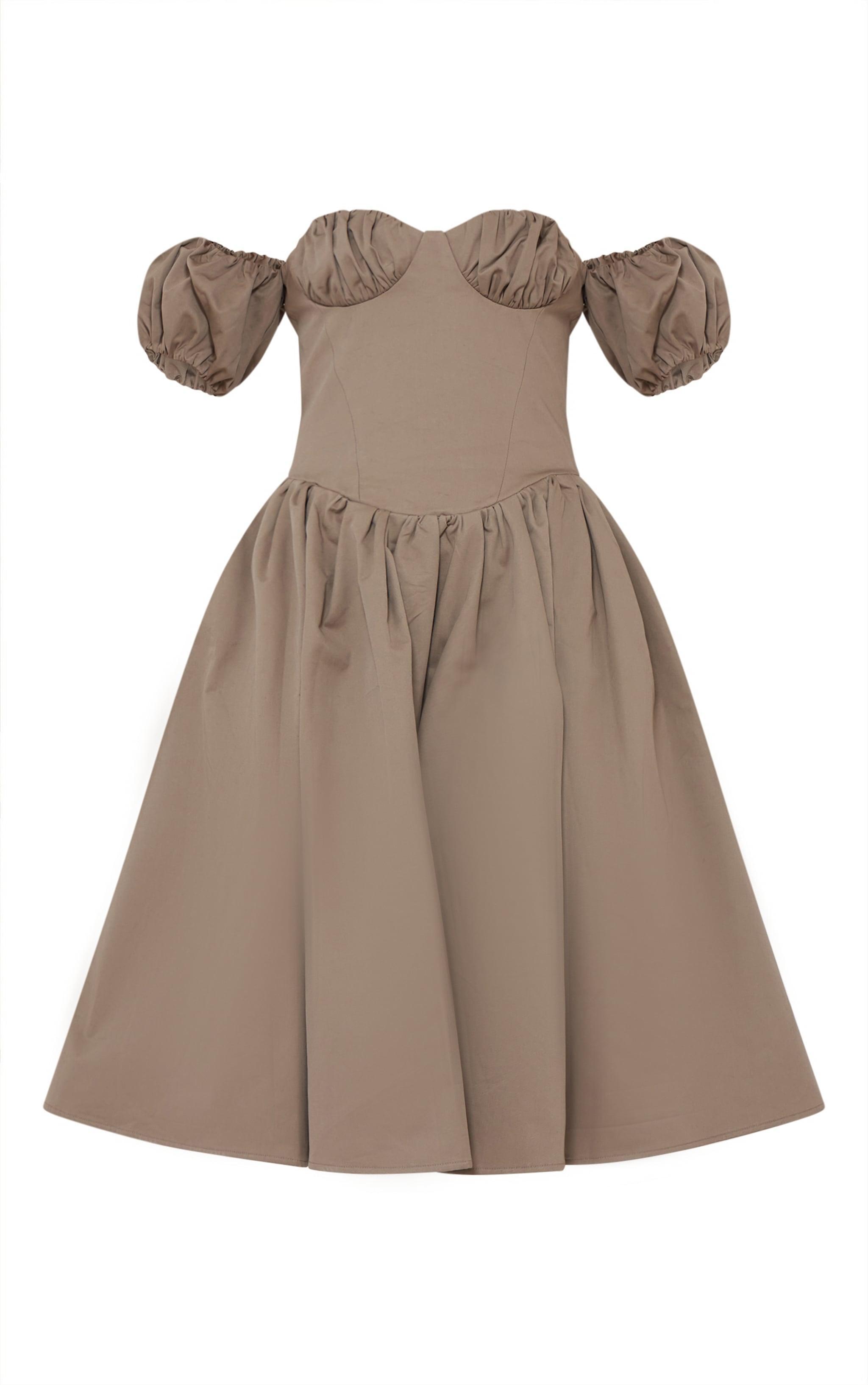 Taupe Puff Bardot Sleeve Midaxi Dress Product Image