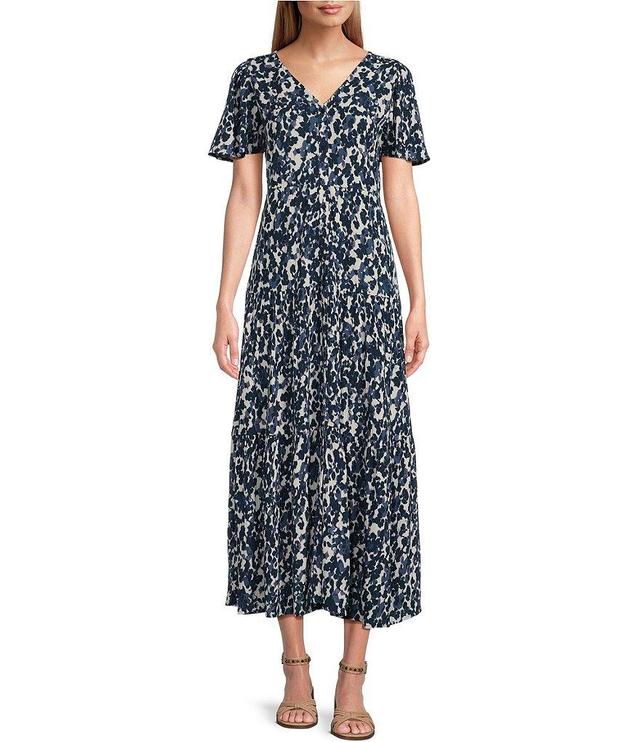 Westbound Dotted V-Neck Short Flutter Sleeve Button Front Maxi A-Line Dress Product Image