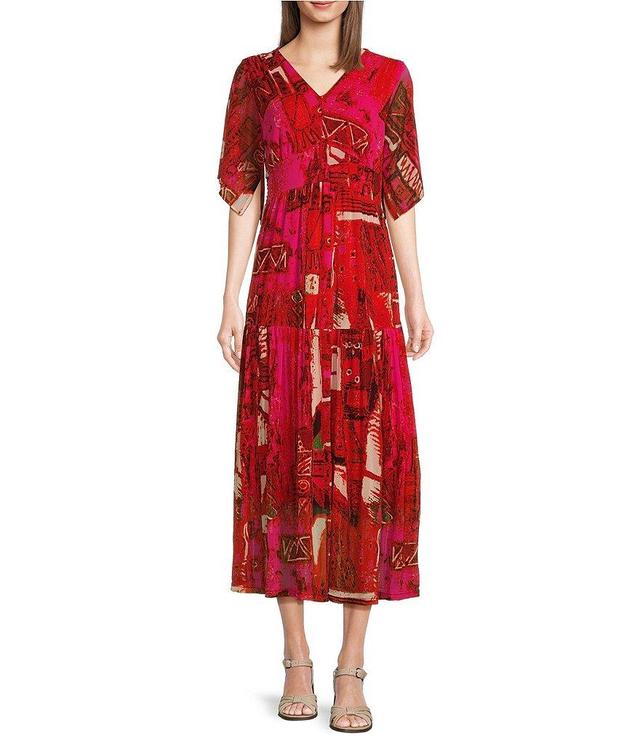 Calessa Stretch Mesh Abstract Print V-Neck Short Flutter Sleeve Tiered Hem Midi Dress Product Image