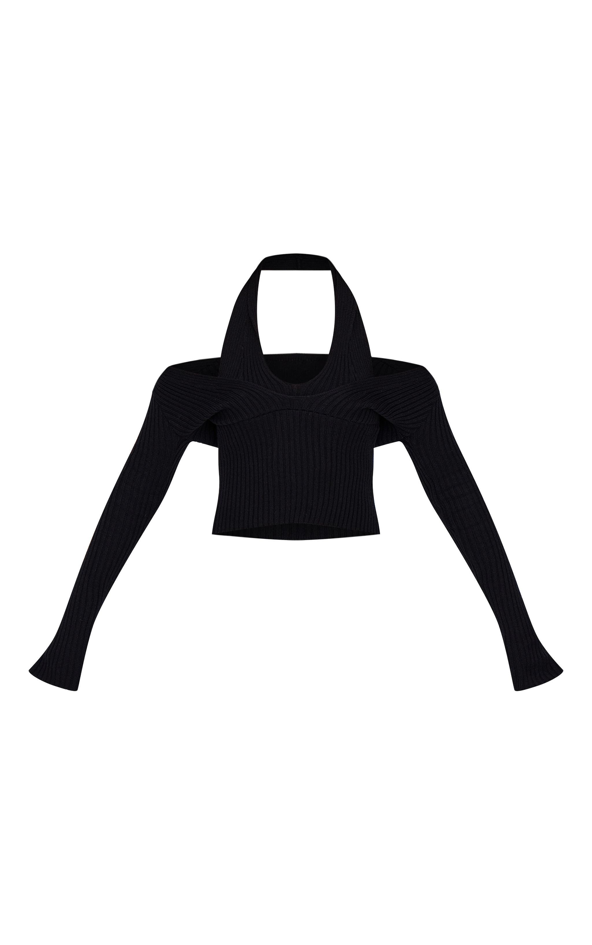 Black Double Layer Rib Knit Long Sleeve Top Product Image