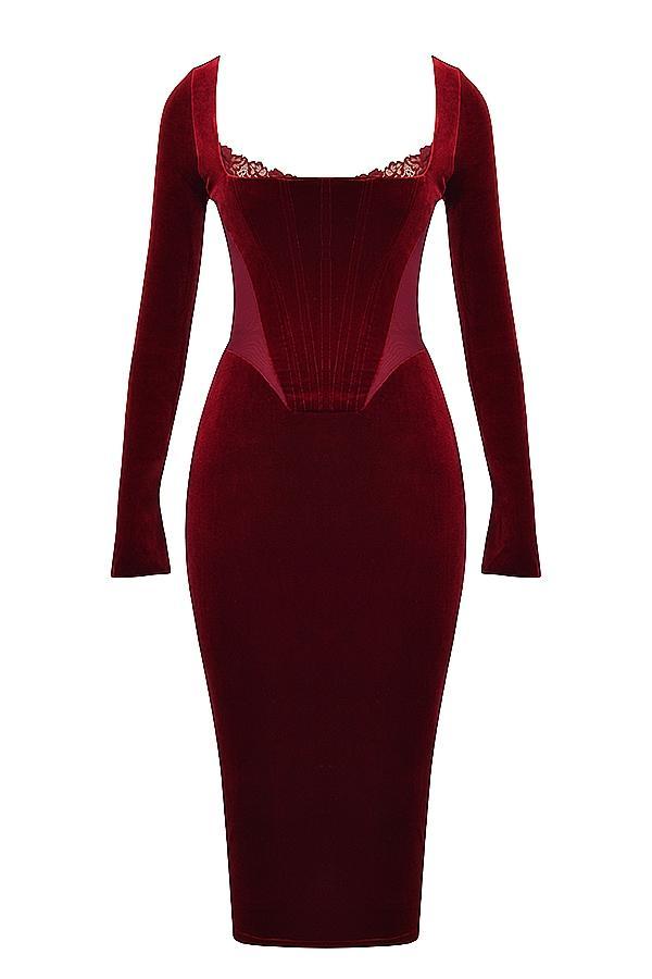 Solaine Wine Velvet Corset Dress Product Image