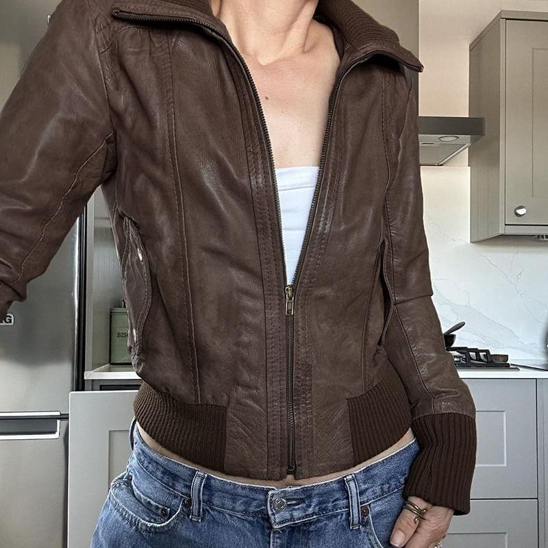 Washed Faux Leather Zip Jacket Product Image