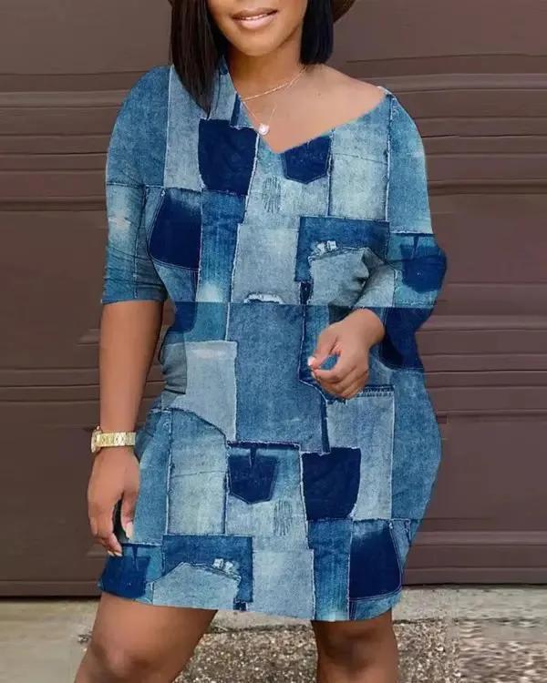 Olivia Mark – Casual V-neck dress with denim look print Product Image