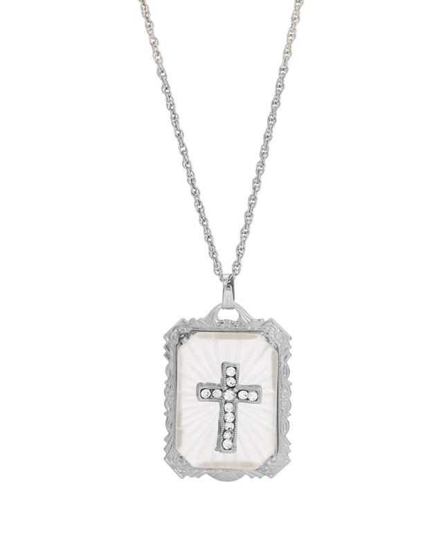 Symbols of Faith Silver-Tone Crystal Cross Large Pendant Necklace, Womens, White Product Image