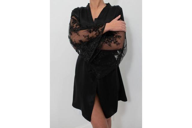 Womens Silk Short Robe - Beaded Wide Sleeve - Silk Collection Product Image