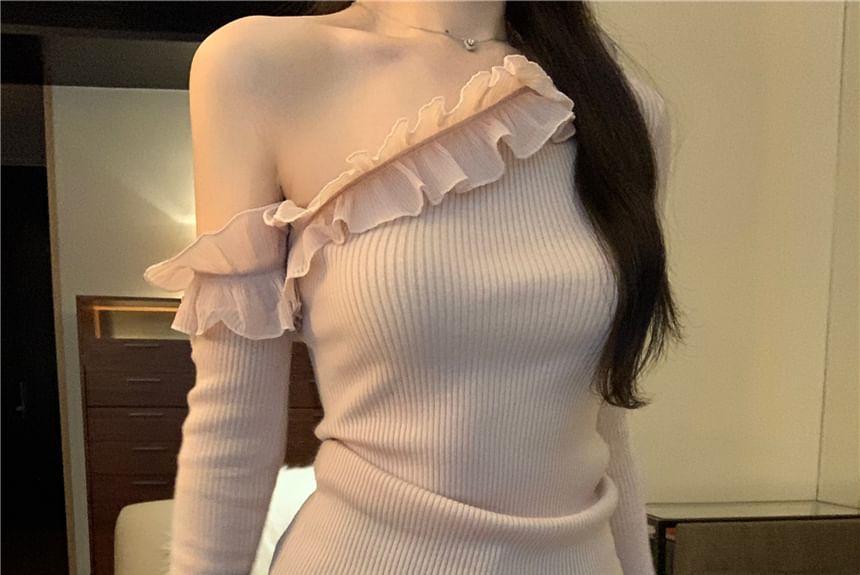 Long-Sleeve One-Shoulder Plain Ruffle Ribbed Knit Top Product Image