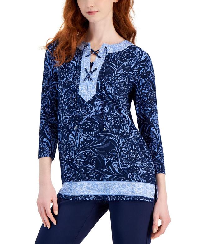 Women's Printed 3/4 Sleeve Lace-Up Knit Top, Created for Macy's Product Image