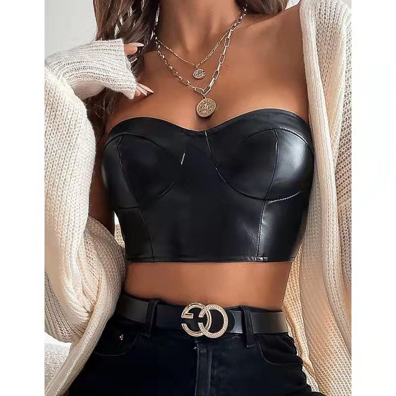 Plain Faux Leather Crop Tube Top Product Image