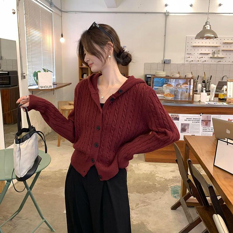 Plain Hooded Cable Knit Button-Up Cardigan Product Image