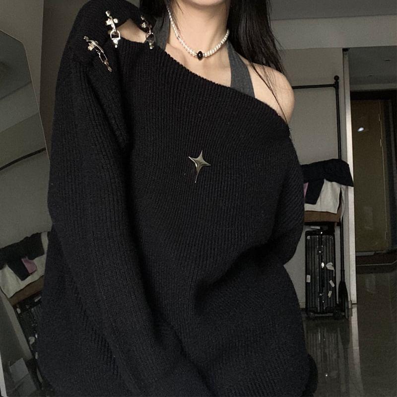 Long Sleeve Off Shoulder Star Print Oversized Sweater Product Image