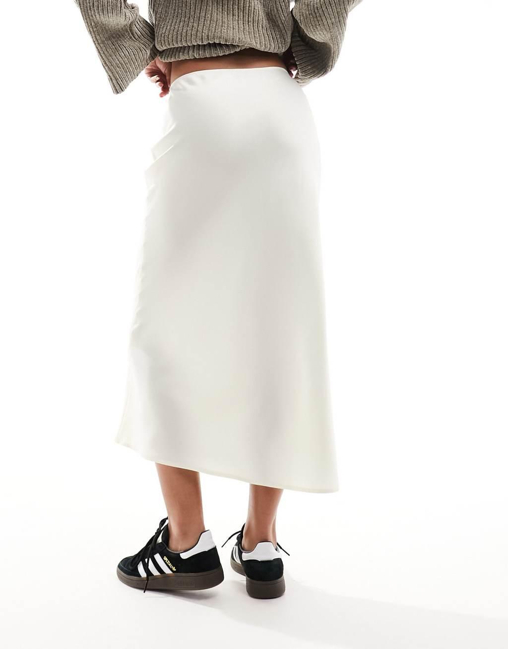 ASOS DESIGN satin bias midi skirt in winter white Product Image