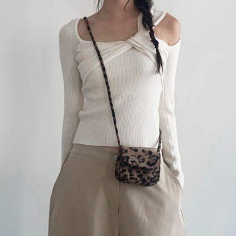 Long Sleeve Asymmetrical Neck Ribbed Knit Top Product Image