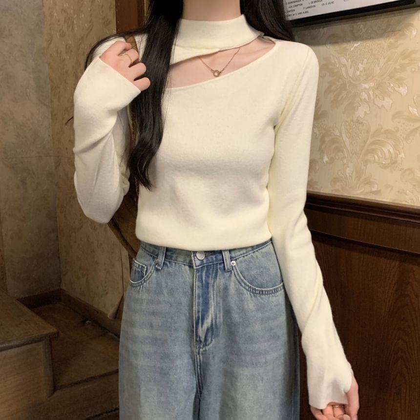 Long-Sleeve Mock Neck Cutout Knit Top Product Image