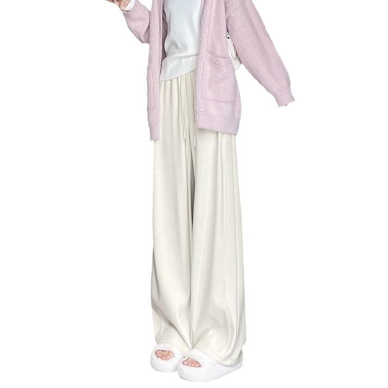 Drawstring Waist Plain Fleece-Lined Panel Wide Leg Pants Product Image