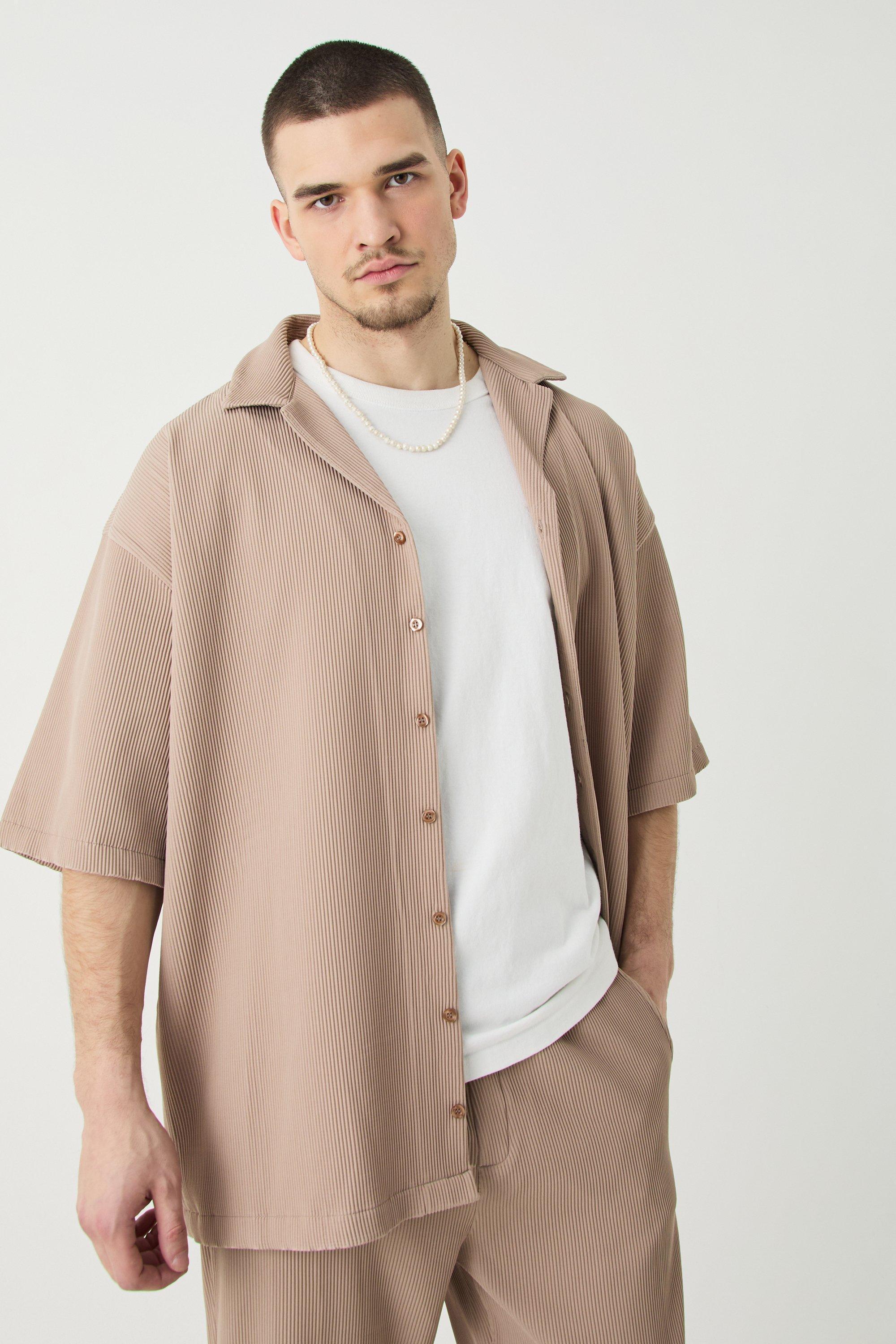 Mens Beige Tall Short Sleeve Oversized Revere Pleated Shirt, Beige Product Image