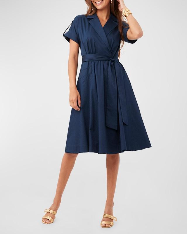 Trina Turk Commodore Organic Cotton Notch Lapel Collar Short Roll-Tab Sleeve Belted Wrap Dress Product Image