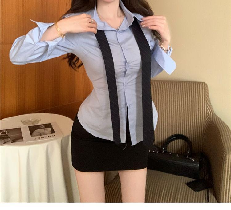 Long-Sleeve Plain Button-Up Shirt / High Rise Mini Pencil Skirt Product Image