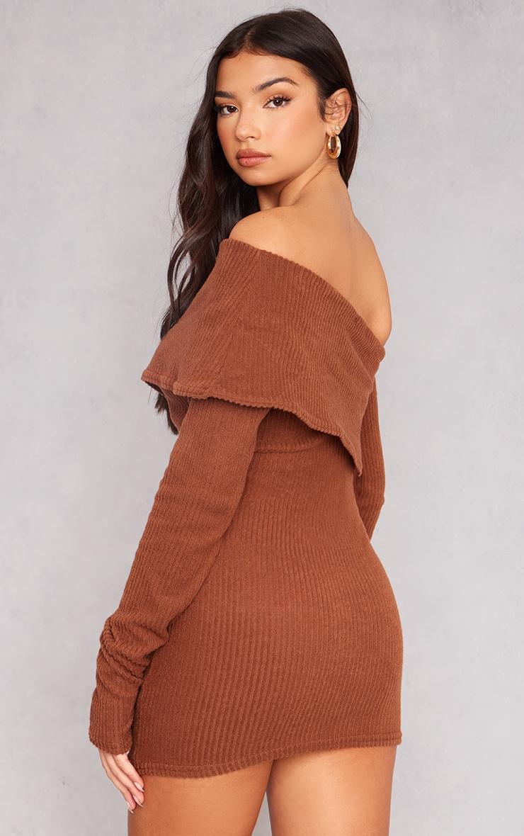 Chocolate Ribbed Long Sleeve One Shoulder Asymmetric Bardot Mini Dress Product Image