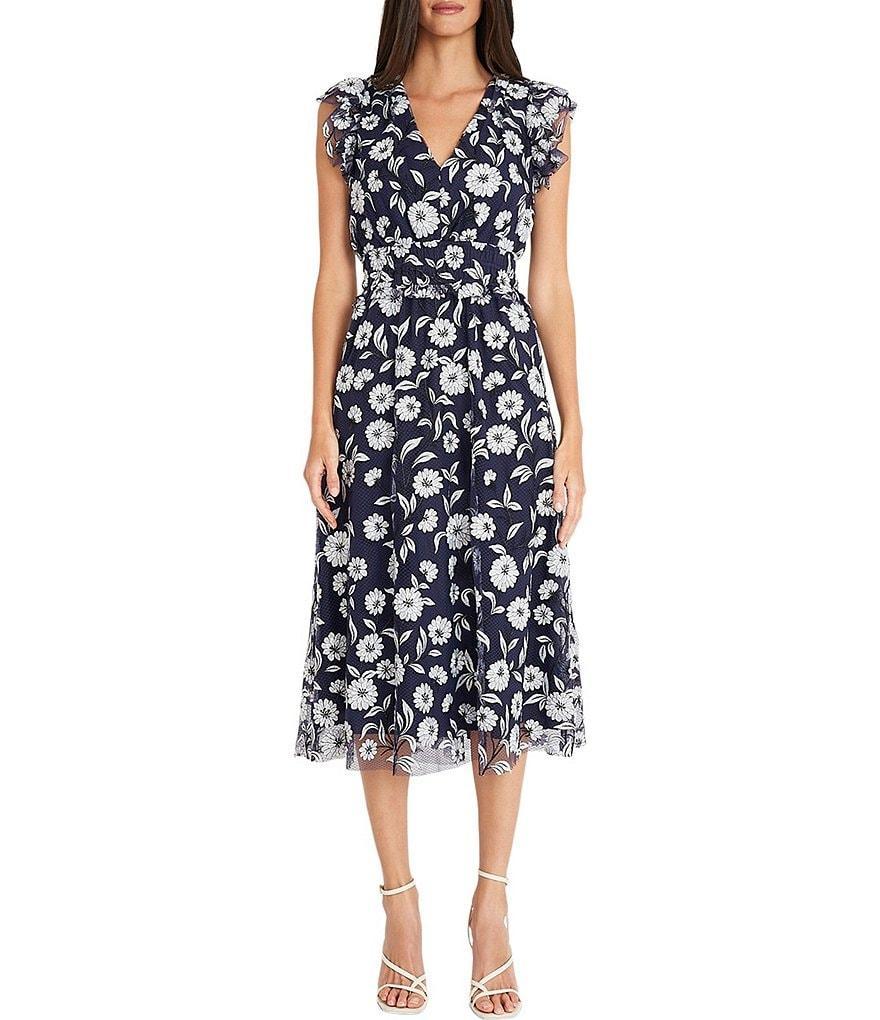 Maggy London Embroidered V-Neckline Flutter Cap Sleeve Midi Dress Product Image