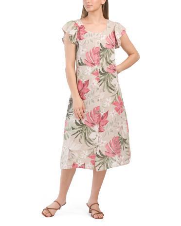 Linen Floral Button Front Dress for Women Product Image