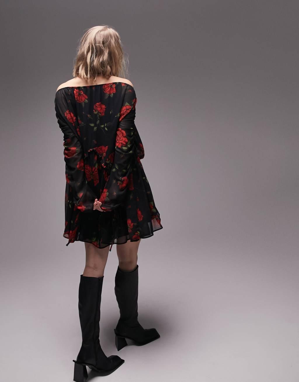 Topshop channeled chuck on mini dress in red rose print Product Image