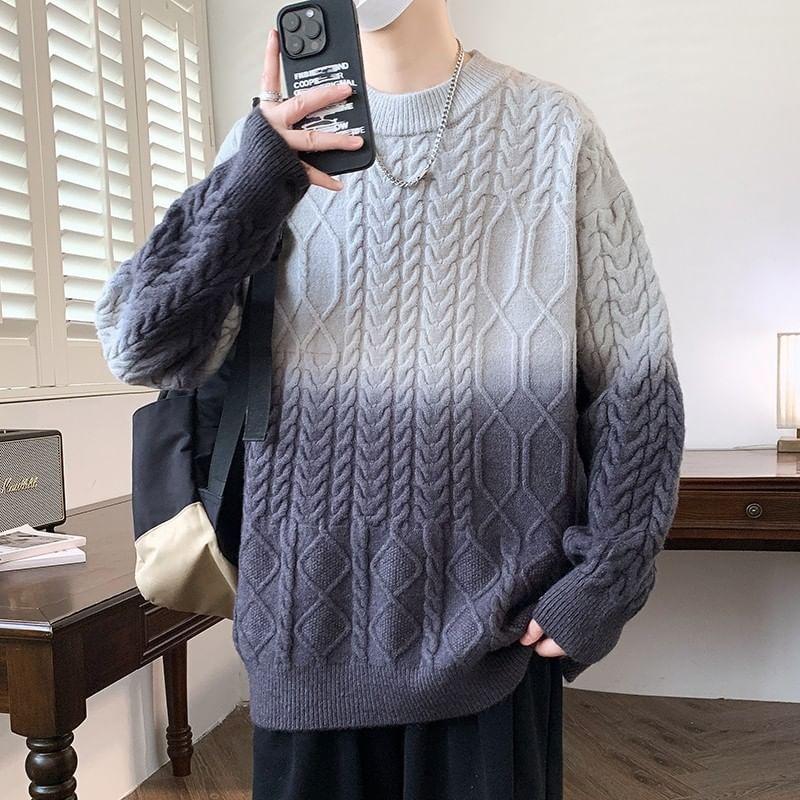 Crew Neck Gradient Cable Knit Sweater Product Image