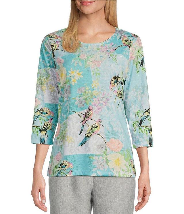 Allison Daley Parrot Floral Patches Print Embellished Crew Neck 3/4 Sleeve Knit Top Product Image